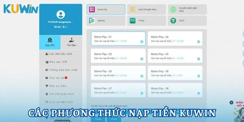 Nạp tiền Kuwin với đa dạng phương thức